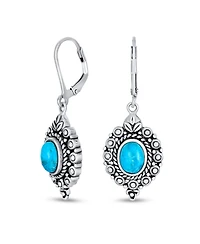 Bling Jewelry Western Style Oval Filigree Blue Natural Stabilized Turquoise Dangle Drop Earrings Lever Back Oxidized Sterling Silver