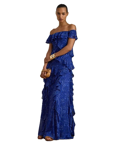 Lauren Ralph Women's Print Ruffle-Trim Off-the-Shoulder Gown