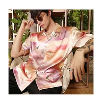 Campus Sutra Men's Cantaloupe Orange & Amethyst Purple Abstract Sheen Oversized Shirt