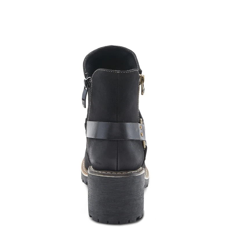 Patrizia Women's Firewood Lug Sole Booties with O-Ring Harness and Faux Fur Lining