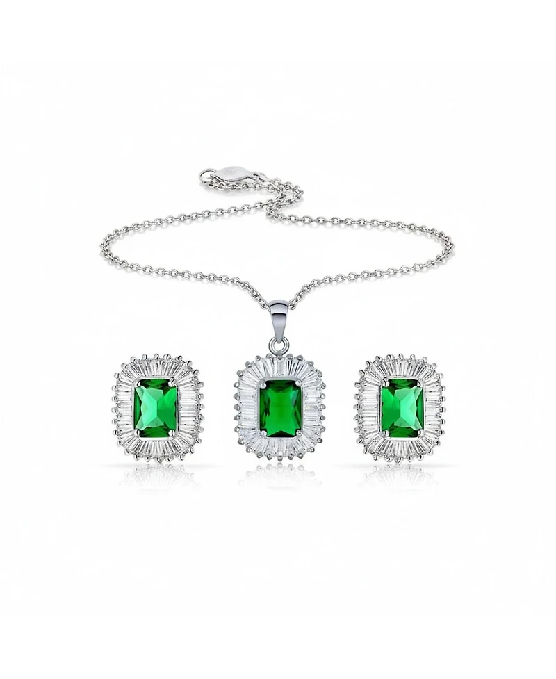 Bling Jewelry Art Deco Jewelry Green Cz Pendant Necklace & Baguette Cubic Zirconia Halo Stud Earrings Jewelry Set