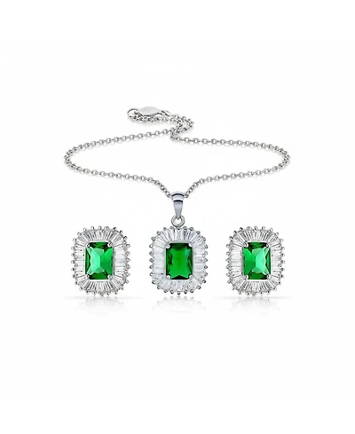 Bling Jewelry Art Deco Jewelry Green Cz Pendant Necklace & Baguette Cubic Zirconia Halo Stud Earrings Jewelry Set