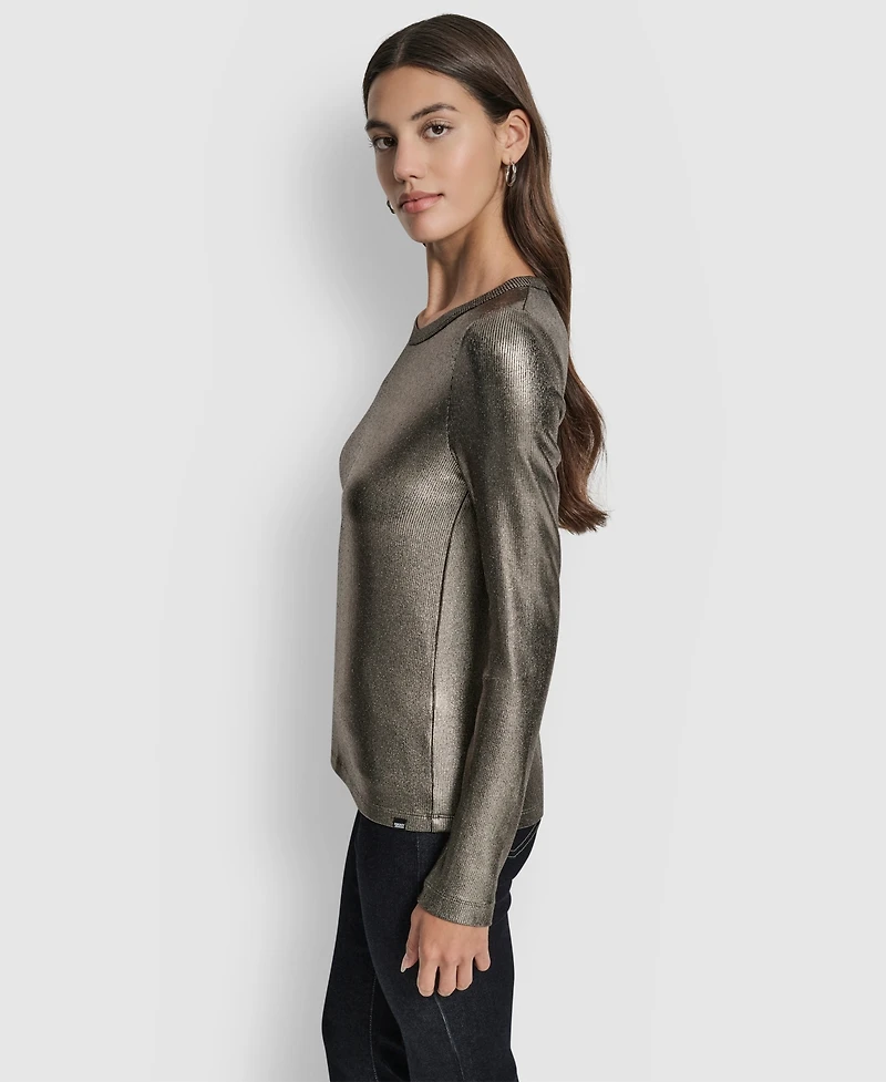 Dkny Jeans Women's Foil Rib Crewneck Long Sleeves Top