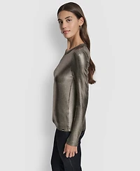 Dkny Jeans Women's Foil Rib Crewneck Long Sleeves Top