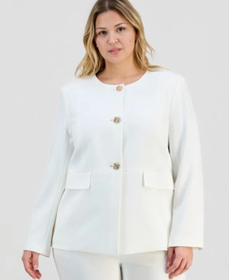 Kasper Plus Size Stretch Crepe Button Front Jacket Straight Leg Pants