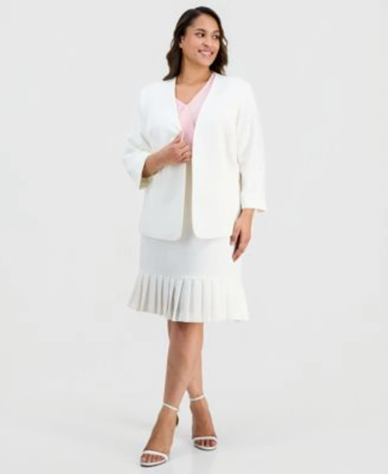 Kasper Plus Size Collarless Open Front Stretch Crepe Jacket V Neck Cascade Ruffle Front Blouse Pleat Trim Stretch Crepe Skirt