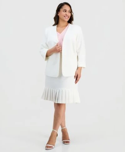 Kasper Plus Size Collarless Open Front Stretch Crepe Jacket V Neck Cascade Ruffle Front Blouse Pleat Trim Stretch Crepe Skirt