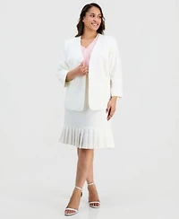 Kasper Plus Size Collarless Open Front Stretch Crepe Jacket V Neck Cascade Ruffle Front Blouse Pleat Trim Stretch Crepe Skirt