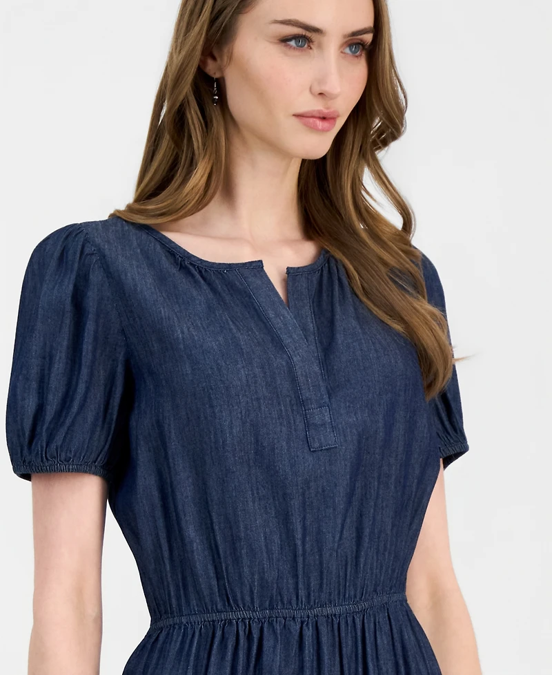 Nautica Jeans Women's Chambray Puff-Sleeve Tiered Dress