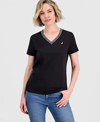 Nautica Jeans Women's Solid Stripe-Trim V-Neck
