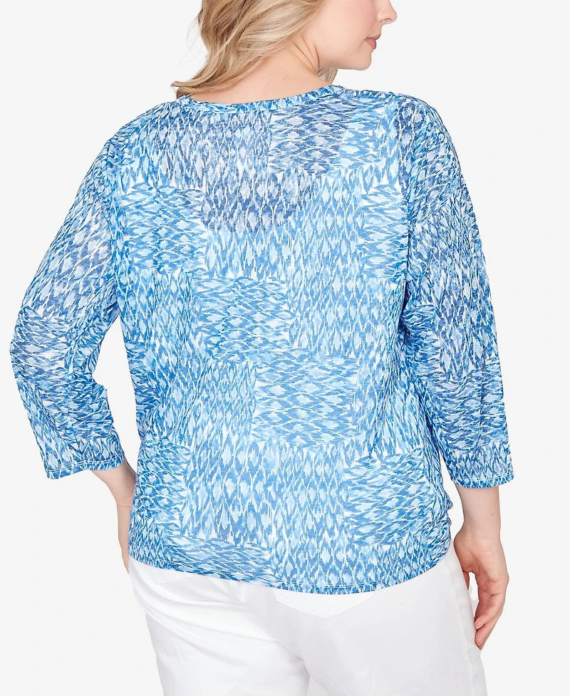 Hearts Of Palm Plus Printed Knit Burnout 3/4 Sleeve V-Neck Top