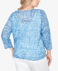 Hearts Of Palm Plus Printed Knit Burnout 3/4 Sleeve V-Neck Top