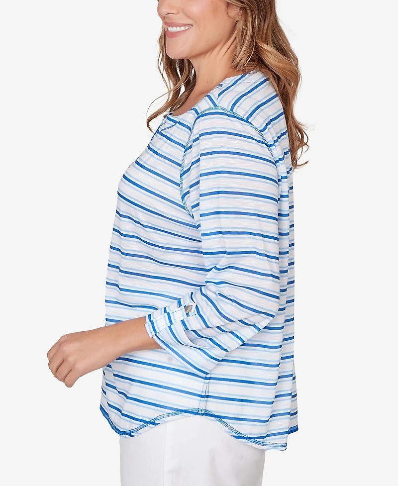 Hearts Of Palm Plus Printed 3/4 Sleeve Roll Tab Top