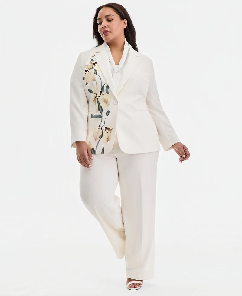 Anne Klein Plus Floral-Print One-Button Blazer