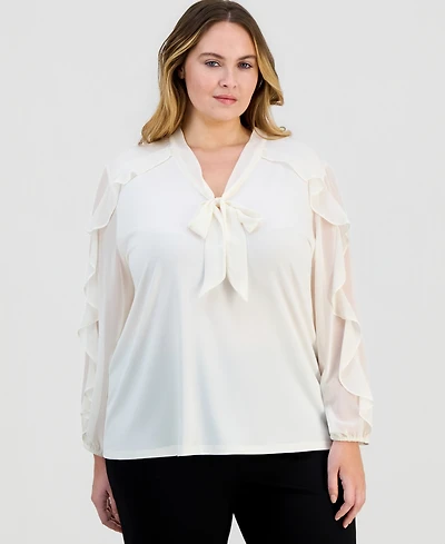 Anne Klein Plus Ruffle-Sleeve Tie-Neck Blouse