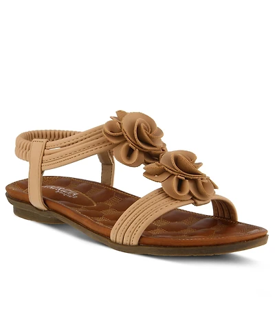 Patrizia Women's Nectarine Floral T-Strap Sandal with Elastic Back and Quilted Footbed