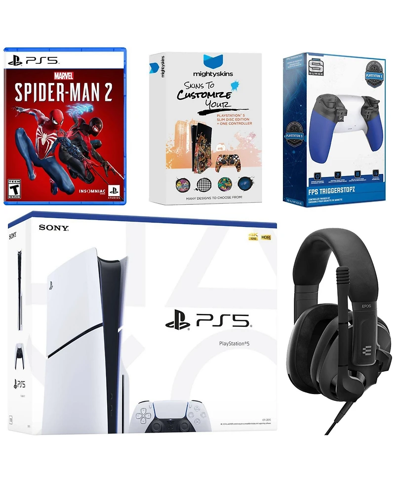 Sony PlayStation 5 Slim Disc Bundle with Spider-Man 2, Epos Headset, Trigger Kit and MightySkins Code