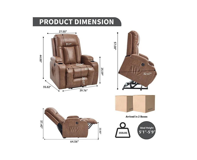 sumyeg Pu Power Lift Recliner 350LB capacity 8-point massage lumbar heat with Usb port and cup holders