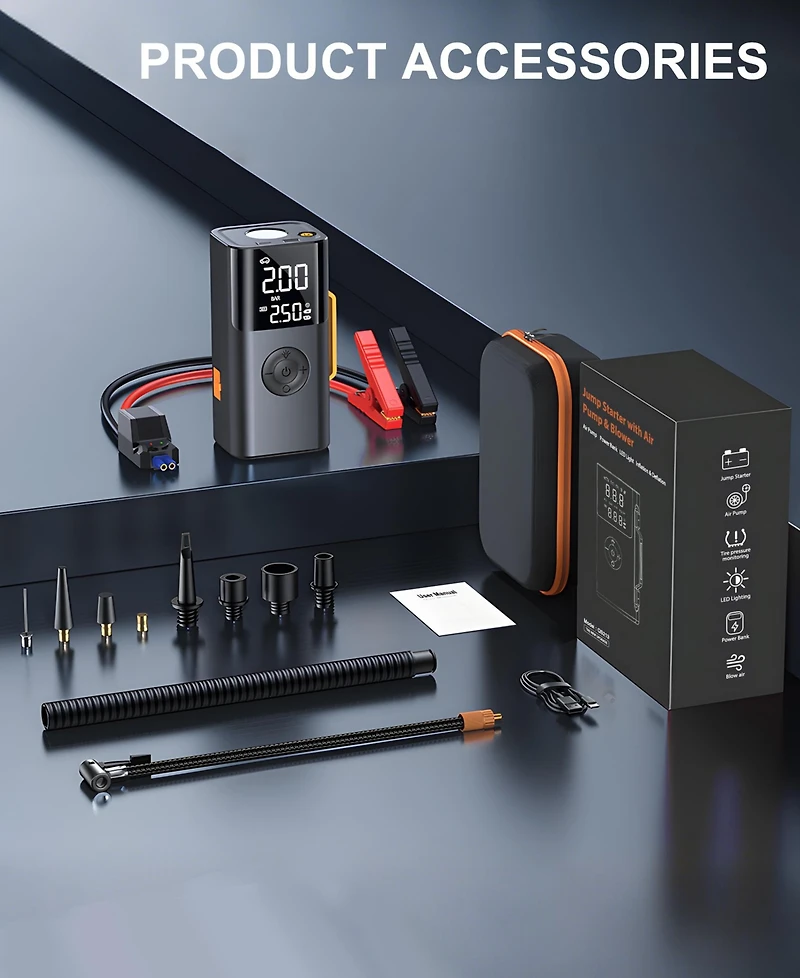 Sugift 5-in-1 Portable Jump Starter with Air Compressor, 10000mAh Car Battery Booster