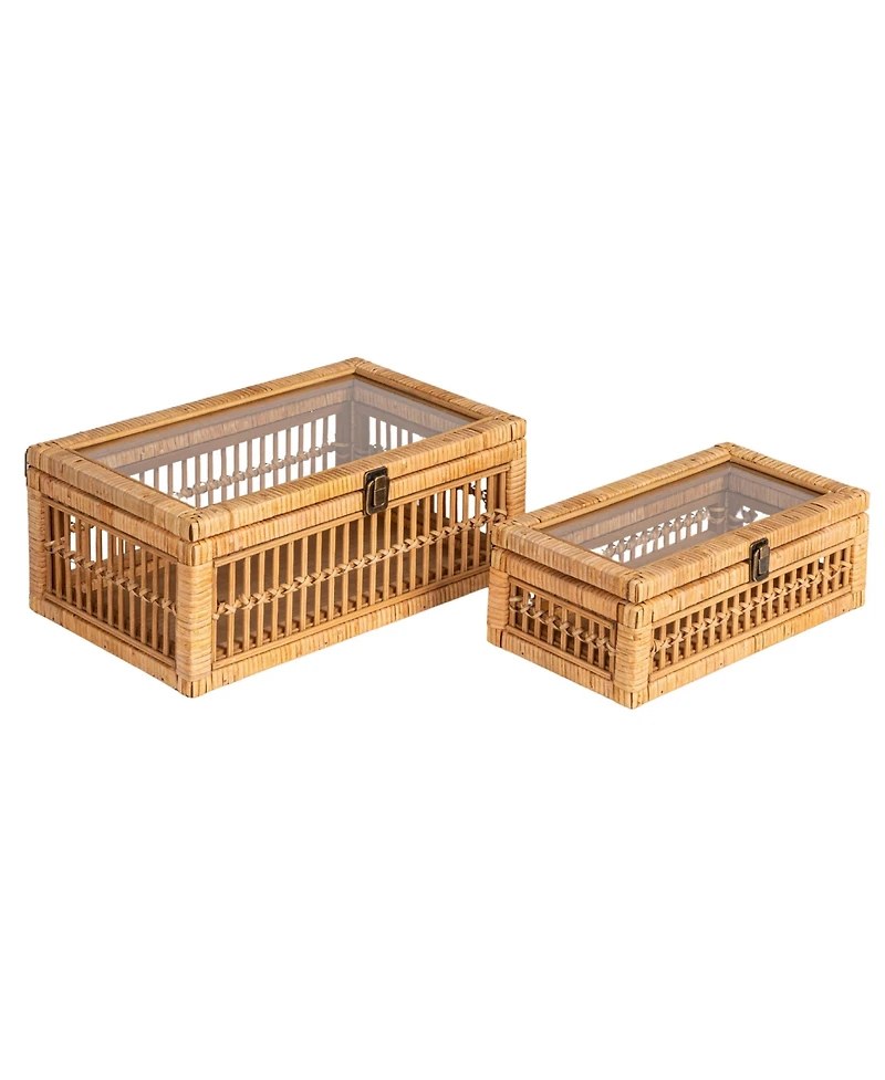 Storied Home Rattan and Bamboo Nestable Storage Boxes with Glass Lids, Set of 2