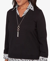 Alfred Dunner Women's Seville Print Woven Two One Sweater with Necklace
