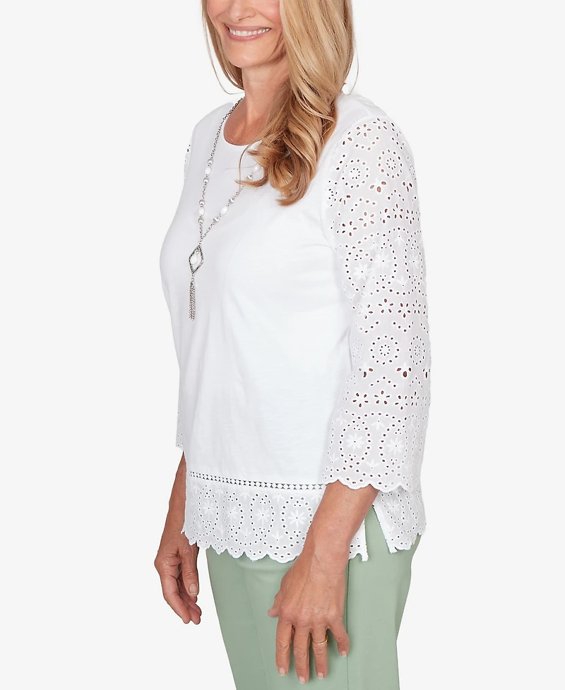 Alfred Dunner Women's St. Augustine Solid Eyelet Trim Top with Necklace