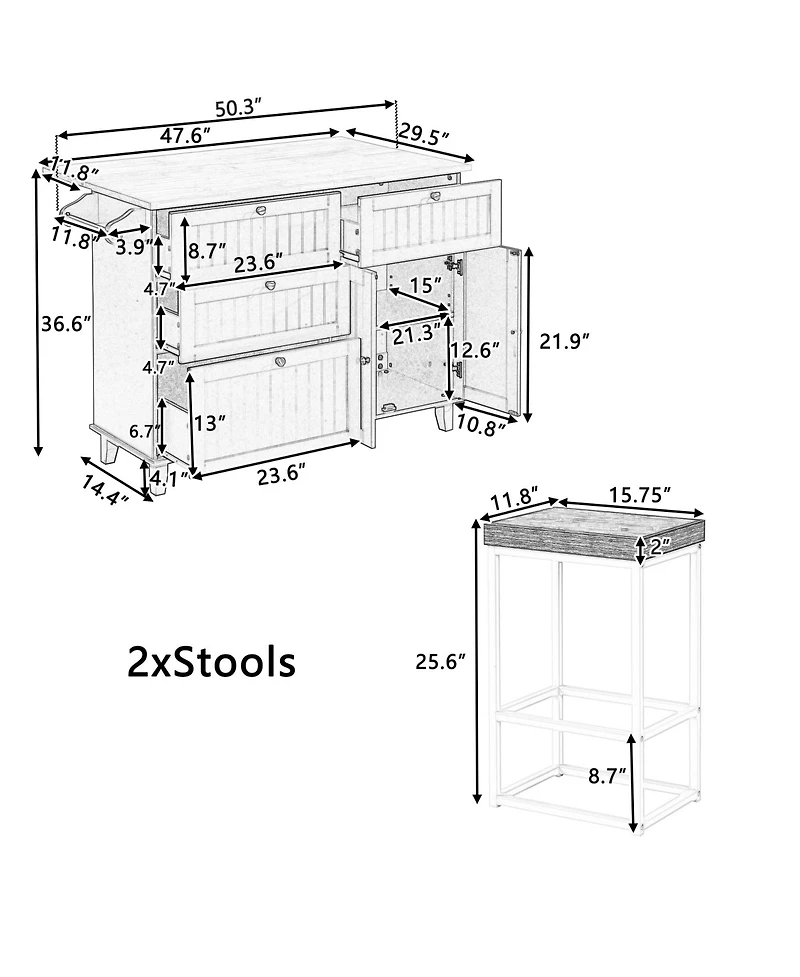 Boyel Living Farmhouse Kitchen Island Set with Drop Leaf and 2 Seatings,Dining Table Set with Storage Cabinet, Drawers and Towel Rack