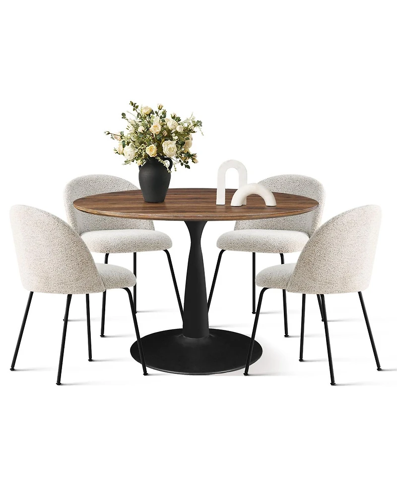 Maison Boucle 5-Piece Modern Dining Set with Upholstered Chairs and Round Walnut Table, Black Metal Base, Space-Saving Kitchen for 4