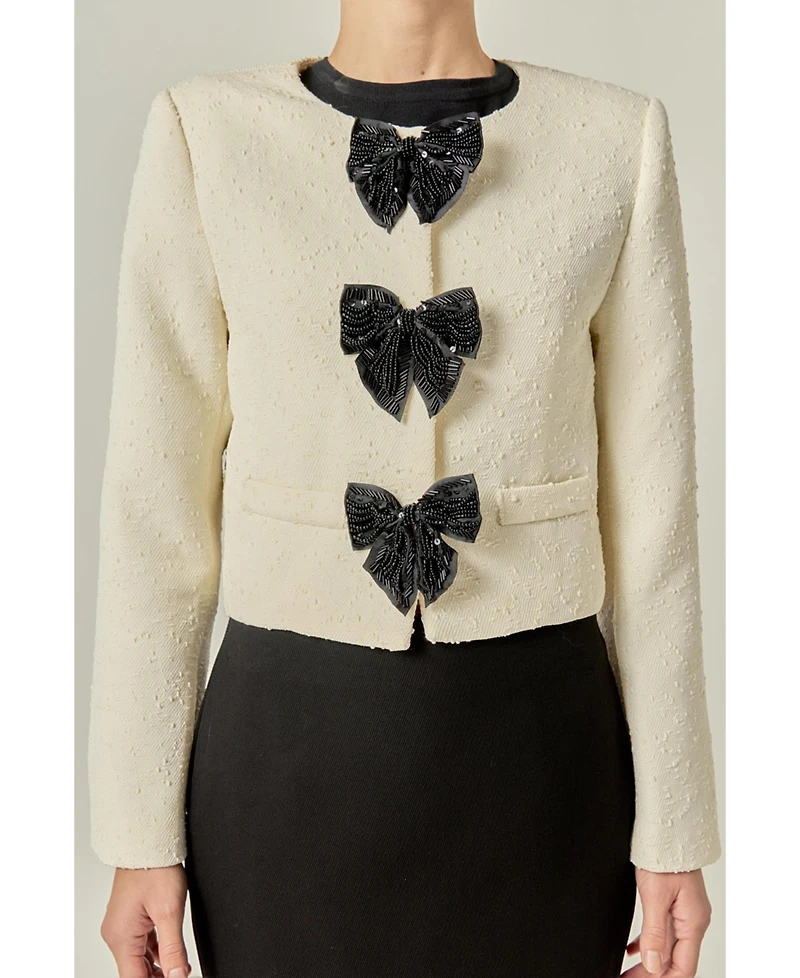 English Factory Women's Textured Bead Bow Detailed Jacket
