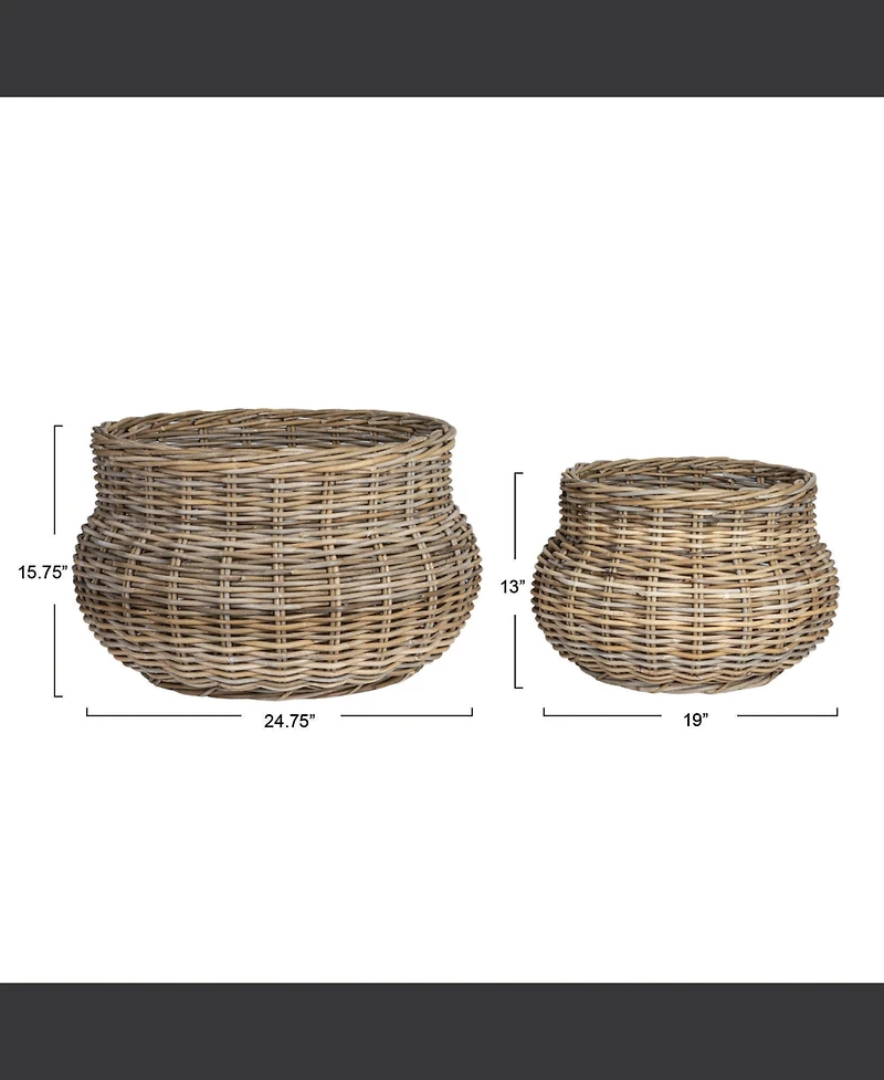Storied Home Round Hand-Woven Rattan Round Planters, Grey, Set of 2