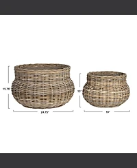 Storied Home Round Hand-Woven Rattan Round Planters, Grey, Set of 2