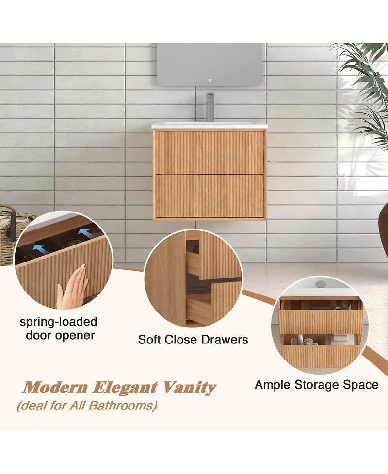 Boyel Living 24'' Floating Bathroom Vanity Set, Wall Mounted Solid Wood Bathroom Cabinet with 2 Storage Drawers,White Resin Integrated Basin