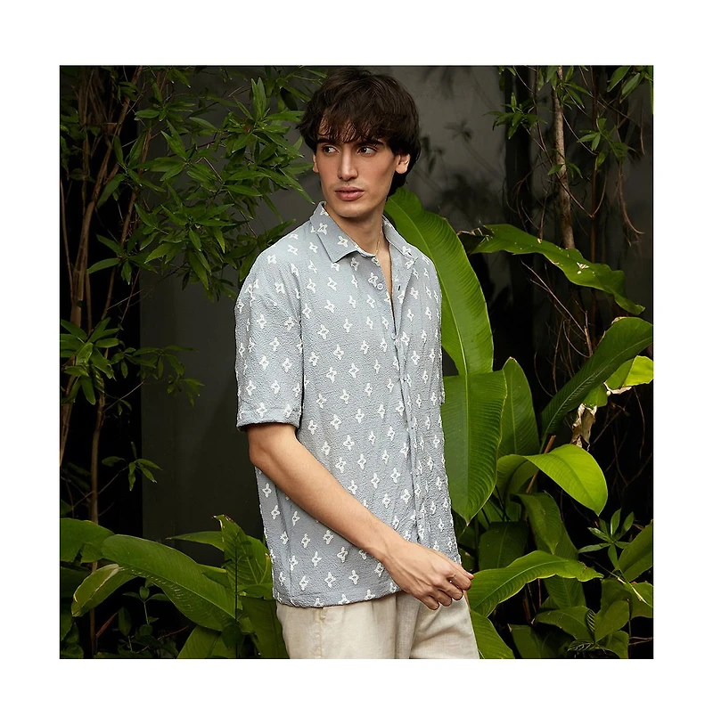 Campus Sutra Men's Baby Blue Floral-Tactile Oversized Shirt