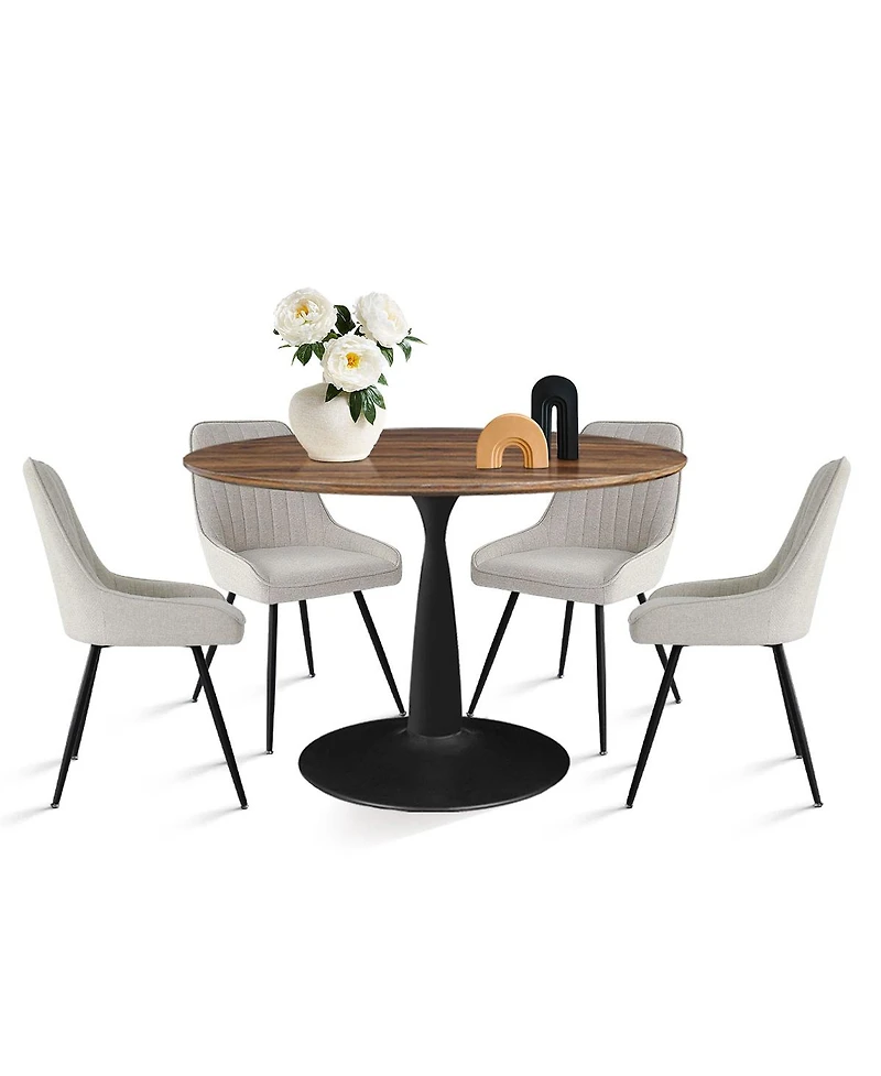 Maison Boucle 5-Piece Dining Table Set with Round Walnut Table, Metal Base and Upholstered Chairs for Space-Saving Kitchen Use