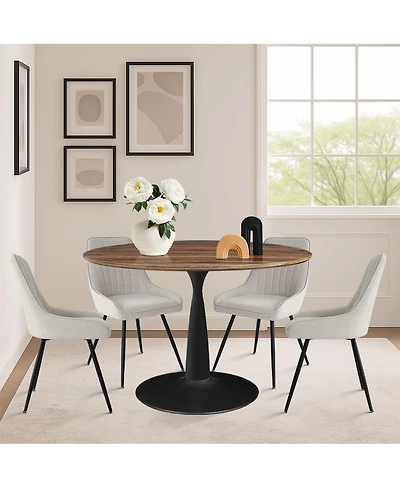 Maison Boucle 5-Piece Dining Table Set with Round Walnut Table, Metal Base and Upholstered Chairs for Space-Saving Kitchen Use