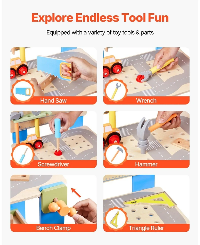 Mecale Kids Workbench, 62 Pcs Wooden Tool Bench for Kids 3+, Educational Construction Toy with Realistic Tools, Creative Building Set