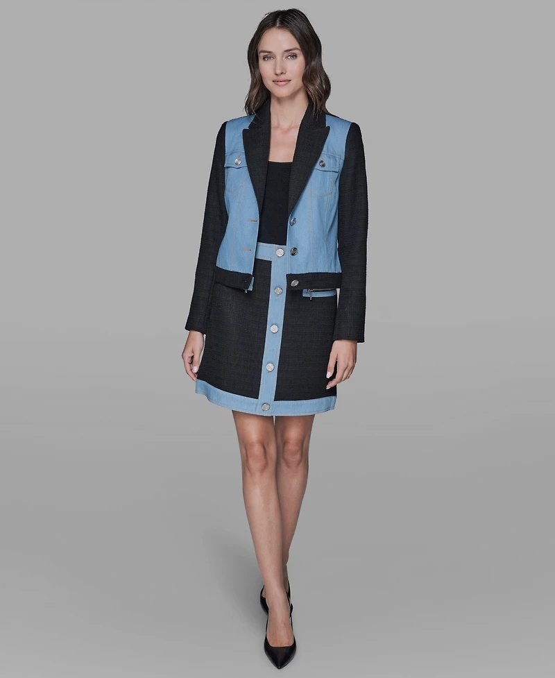 Karl Lagerfeld Paris Women's Tweed and Denim Long-Sleeve Blazer