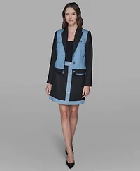 Karl Lagerfeld Paris Womens Front Button Tweed Denim Blazer Mini Skirt