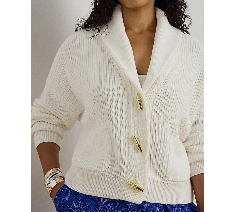Lauren Ralph Plus Rib-Knit Shawl-Collar Toggle Cardigan