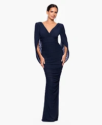 Betsy & Adam Women's Mesh Cape V-Neck Gown Dress