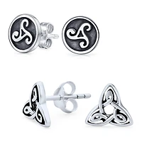 Bling Jewelry Set of 2 Ancient Small Celtic Irish Infinity Love Knot Trinity Symbol & Round Triskele Stud Earrings Oxidized Sterling Silver