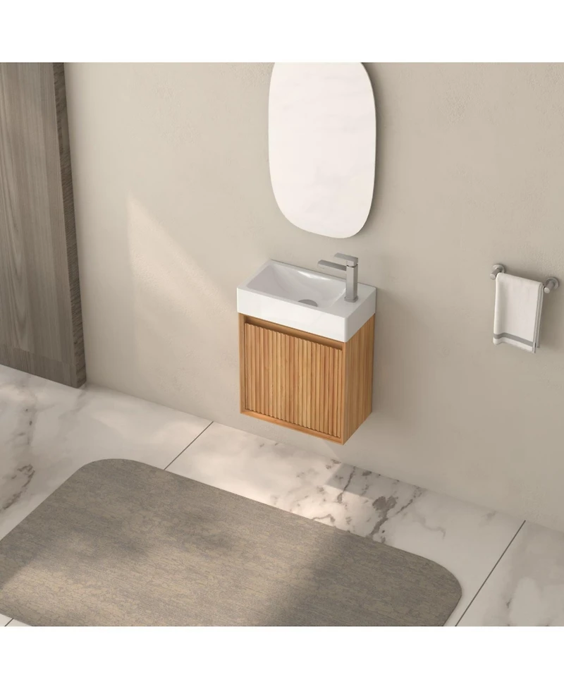 Boyel Living 16" Wall-Mounted Bathroom Vanity, Acacia Wood with White Resin Basin & Soft-Close Door