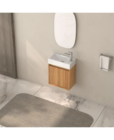 Boyel Living 16" Wall-Mounted Bathroom Vanity, Acacia Wood with White Resin Basin & Soft-Close Door