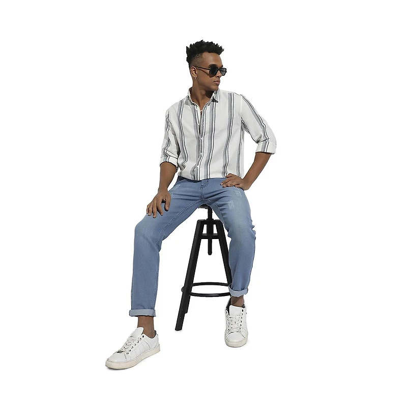 Campus Sutra Men's White & Dark Grey Barcode Striped Shirt