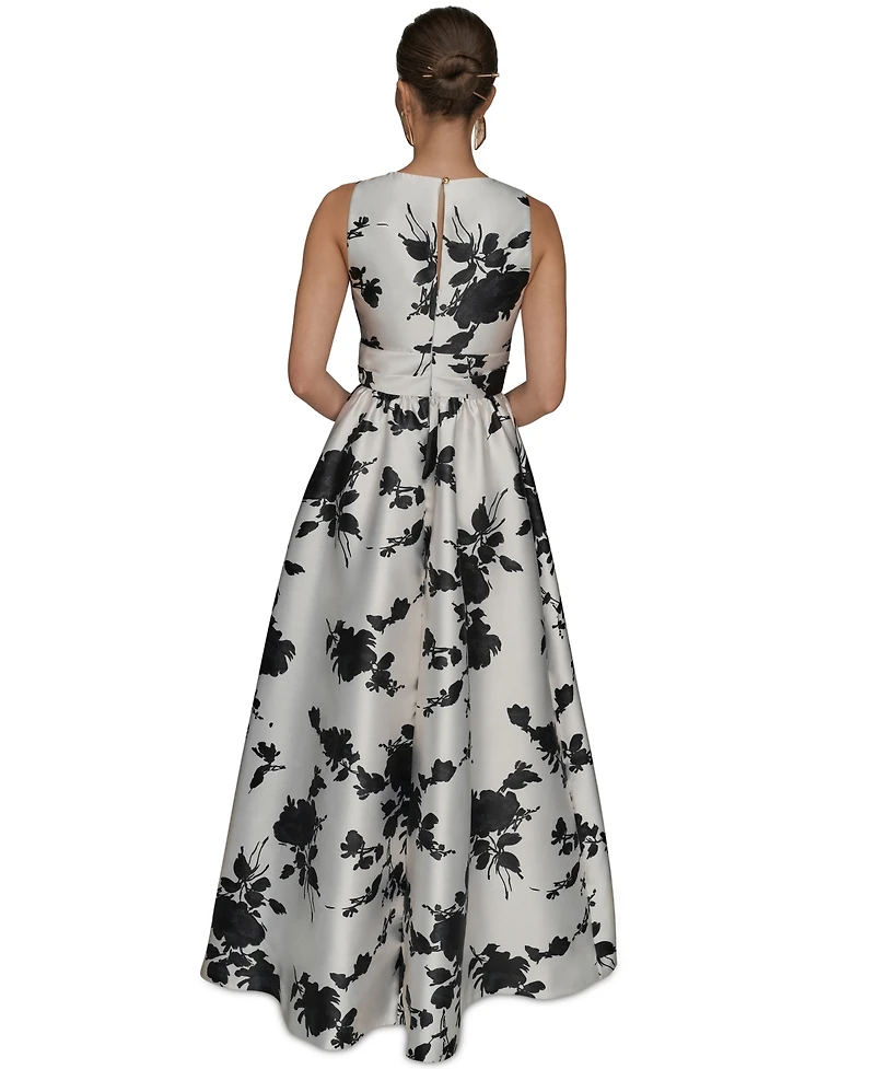 Donna Karan New York Women's Short Sleeve V-neck Floral Print Mikado Gown