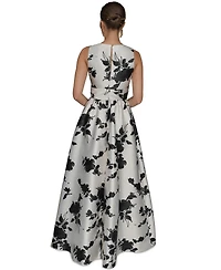 Donna Karan New York Women's Short Sleeve V-neck Floral Print Mikado Gown