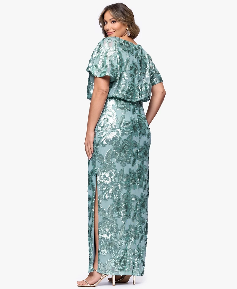 Betsy & Adam Plus Short-Sleeve Long Sheath Dress