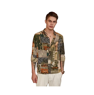 Campus Sutra Men's Olive Green & Coffee Brown Earthy-Abstract Shirt