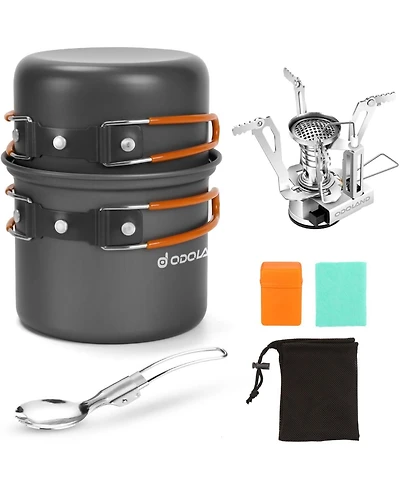 Aofar 6pcs Camping Cookware Mess Kit with Lightweight Pot, Stove, Spork and Carry Mesh Bag, Great for Backpacking Outdoor Camping Hiking and Picnic