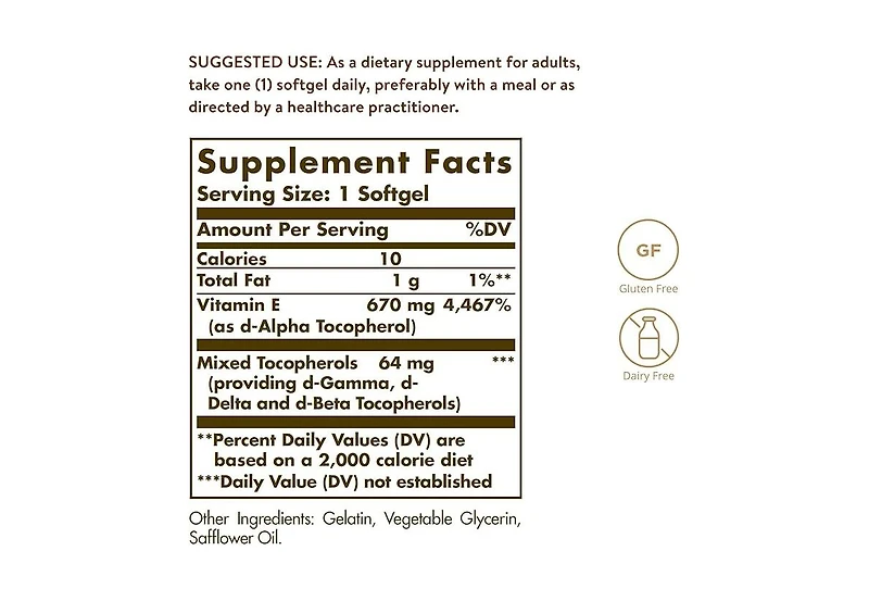 Solgar Vitamin E Mixed (d-Alpha Tocopherols and Mixed Tocopherols) ,1000 Iu ,100 S Gels